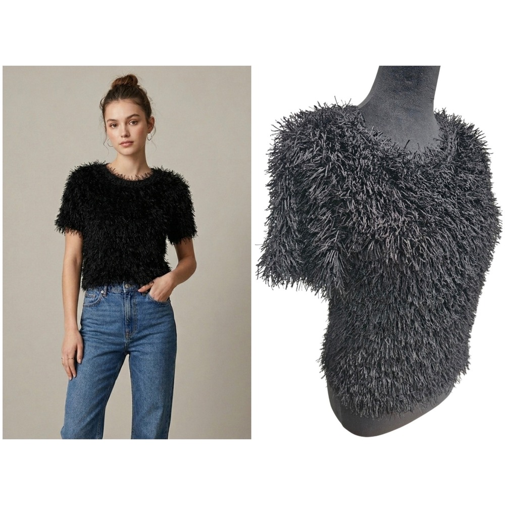Zara Shaggy Eyelash Fringe Top Womens Medium Black Short Sleeve Scoop Festival
